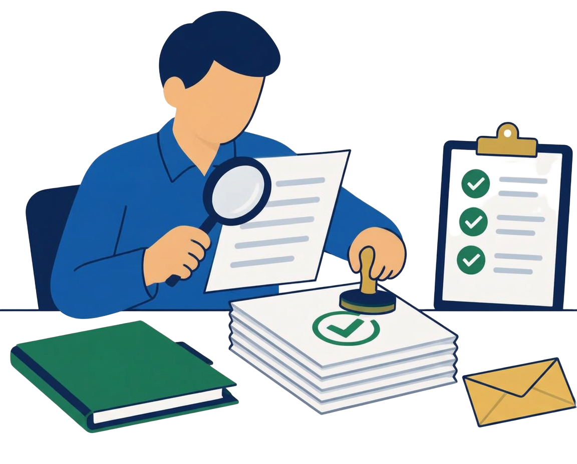 Illustration of a person at a desk checking a document against a checklist and pressing an approval stamp.